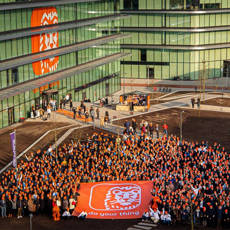 Staff group photo opening ING Cedar building in Amsterdam