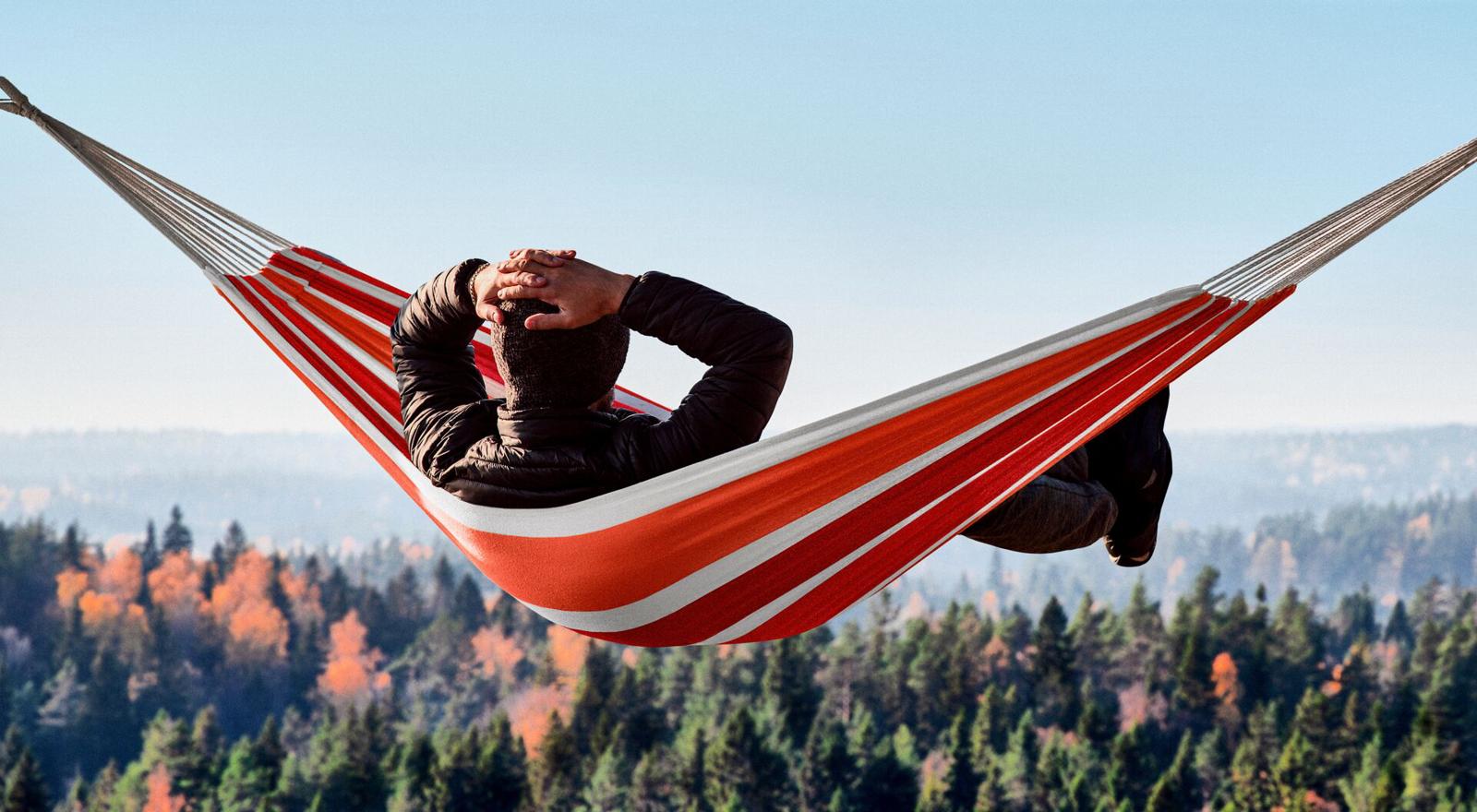 Large Web and Screen Man lying with his hands behind his head in a hammock above a pine forest